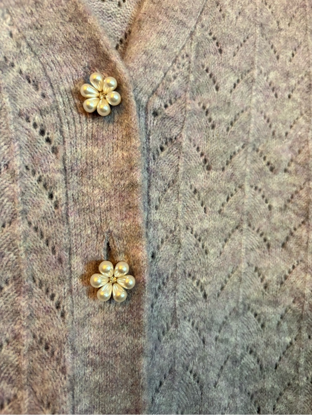 Cleo Purple Gray Knit Cardigan Pearl Flower Buttons Medium - Picture 4 of 11